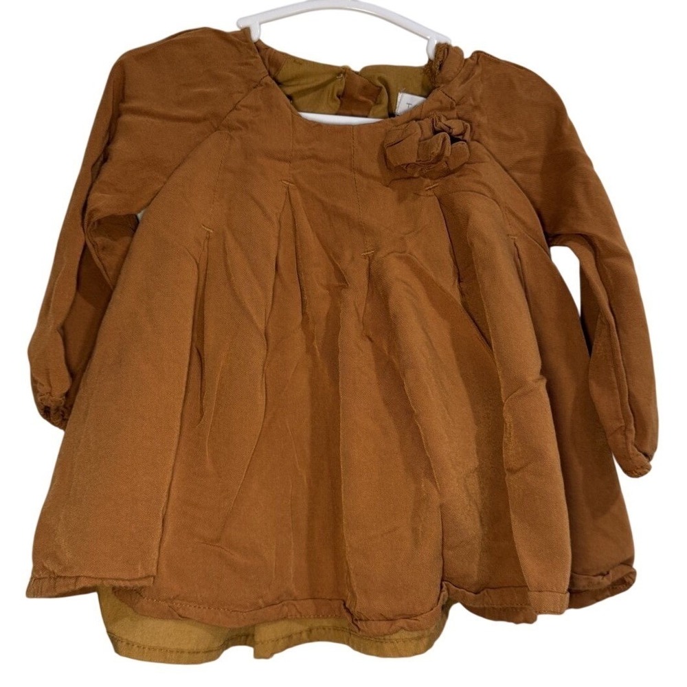 Tahari Baby Girl Burtn Orange Long Sleeve‎ Dress Flower Accent Size 12 Months